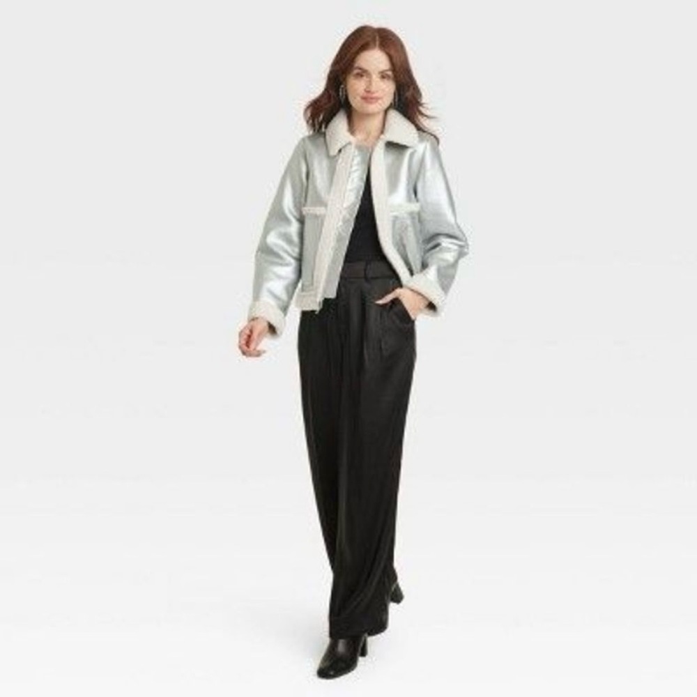 A New Day Women's Winter Faux Leather Shearling Moto Jacket Metallic Silver - Picture 2 of 4